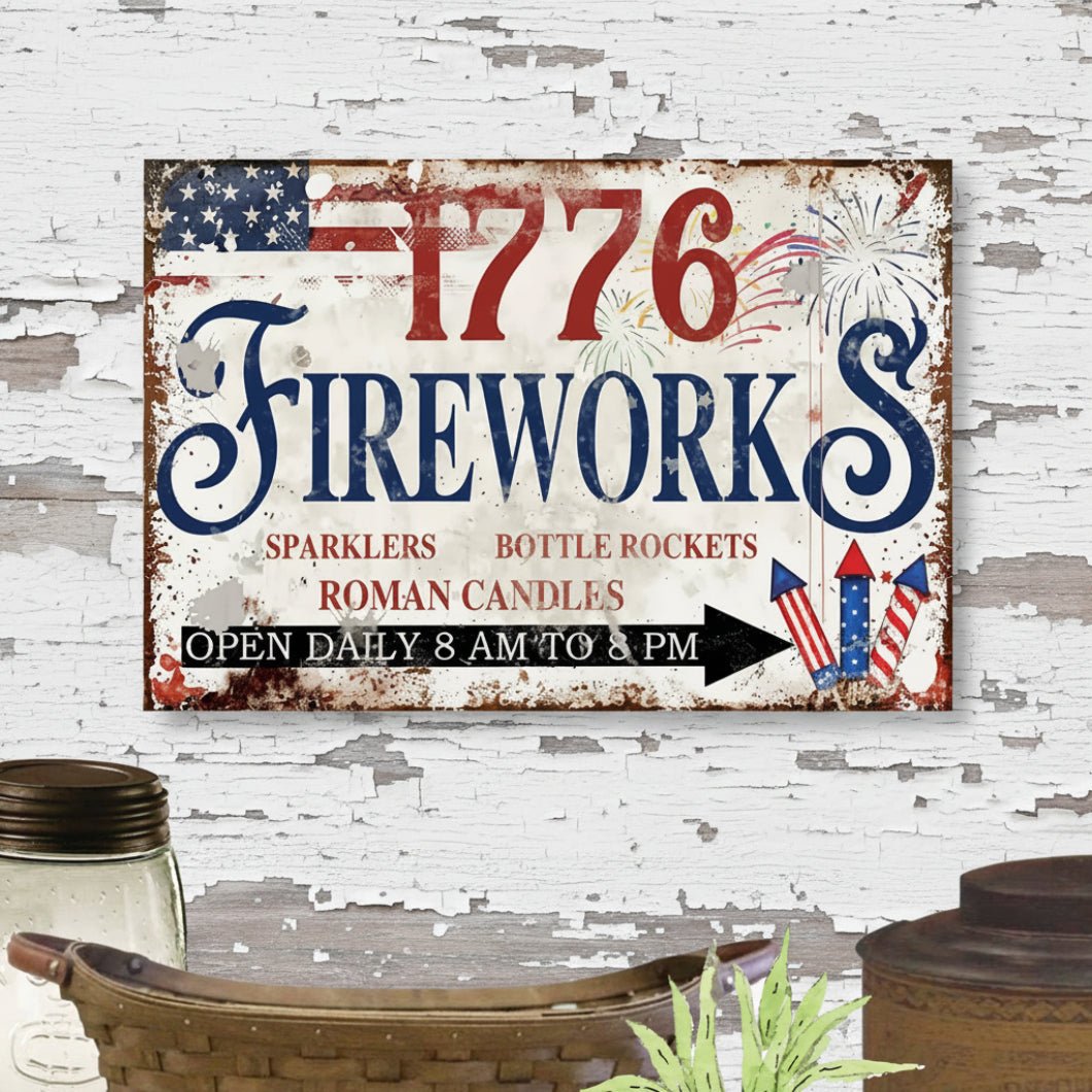 Primitive Americana 1776 Fireworks Advertising Metal Sign 12x8 - The Primitive Pineapple Collection