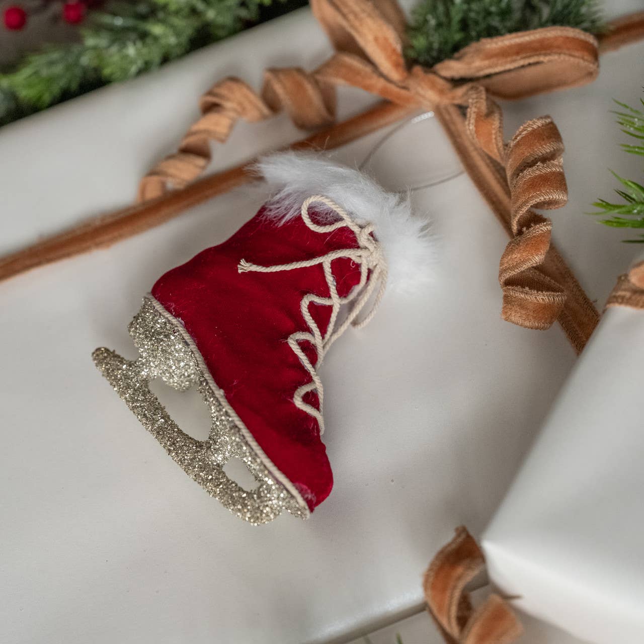 Ragon House Christmas 4.25" Wine Velvet Retro Ice Skate Ornament - The Primitive Pineapple Collection