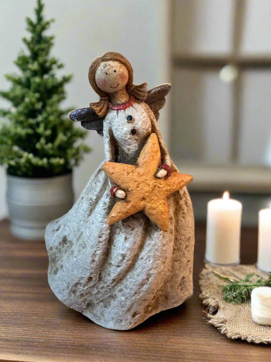 Primitive Farmhouse 9" Folk Art Angel with Star - The Primitive Pineapple Collection