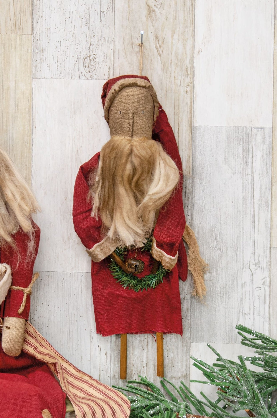 Primitive Christmas Hanging Father Christmas with Wreath Doll  12.75"