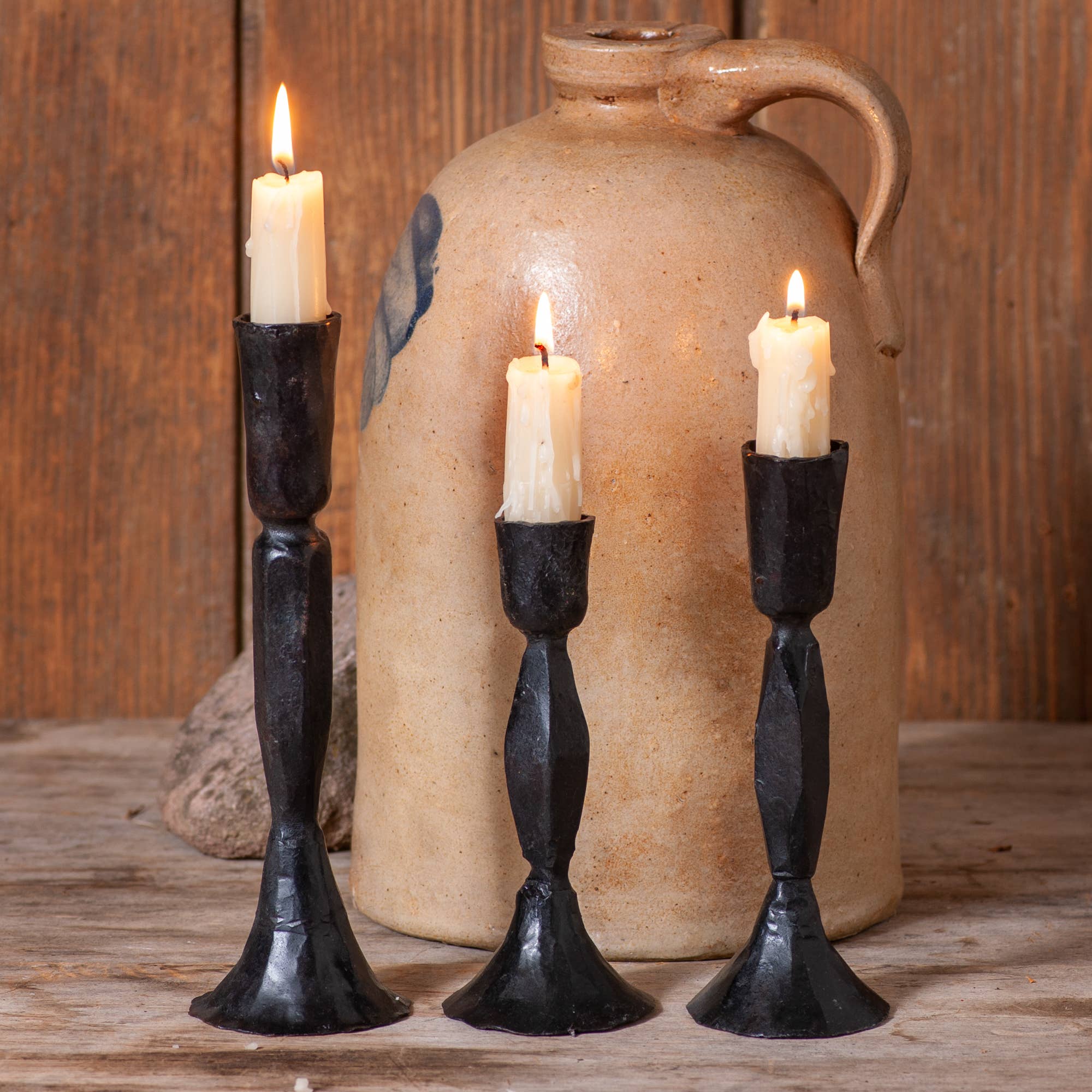 Primitive Colonial Newtown 3 pc Cast Iron Taper Candle Holder Set - The Primitive Pineapple Collection