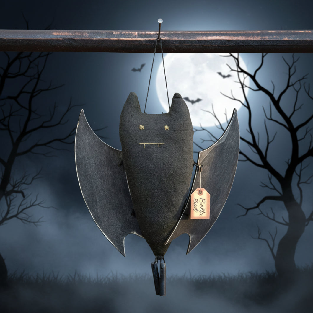 Primitive Bella Bat Halloween Ornament with Wood Wings | Folk Art Decor