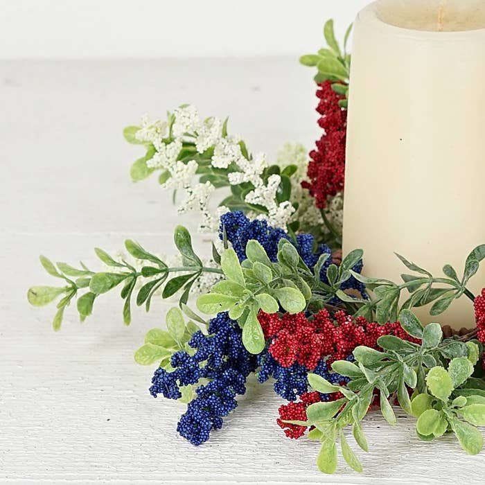 Americana Farmhouse 3.5" Red White Blue Heather with Boxwood Candle Ring - The Primitive Pineapple Collection