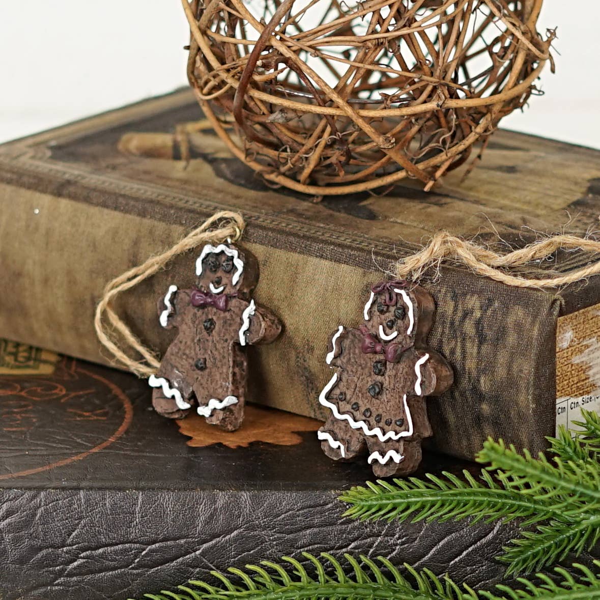 Primitive Christmas 2 pc Set of 2" Chocolate Gingerbread Kids Ornament - The Primitive Pineapple Collection