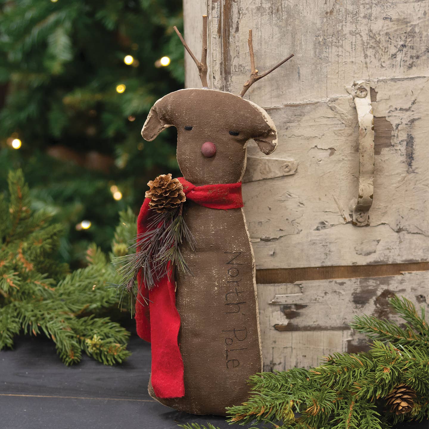 Primitive Christmas Rustic 12" Stiffened Primitive "North Pole" Reindeer Hanger - The Primitive Pineapple Collection