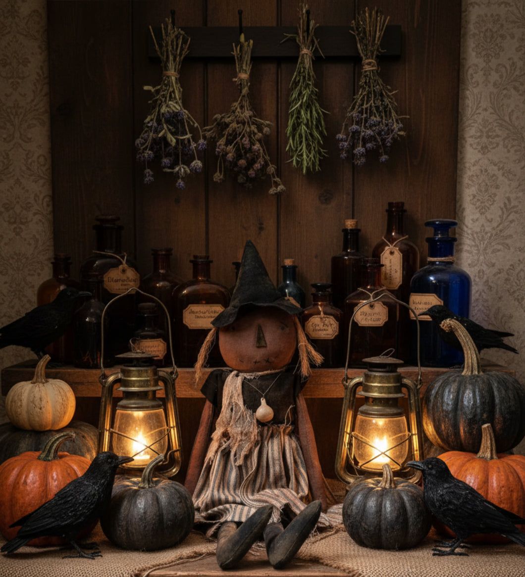 Primitive Handcrafted Halloween 28" Beatrice Witch Doll w/ Gourd