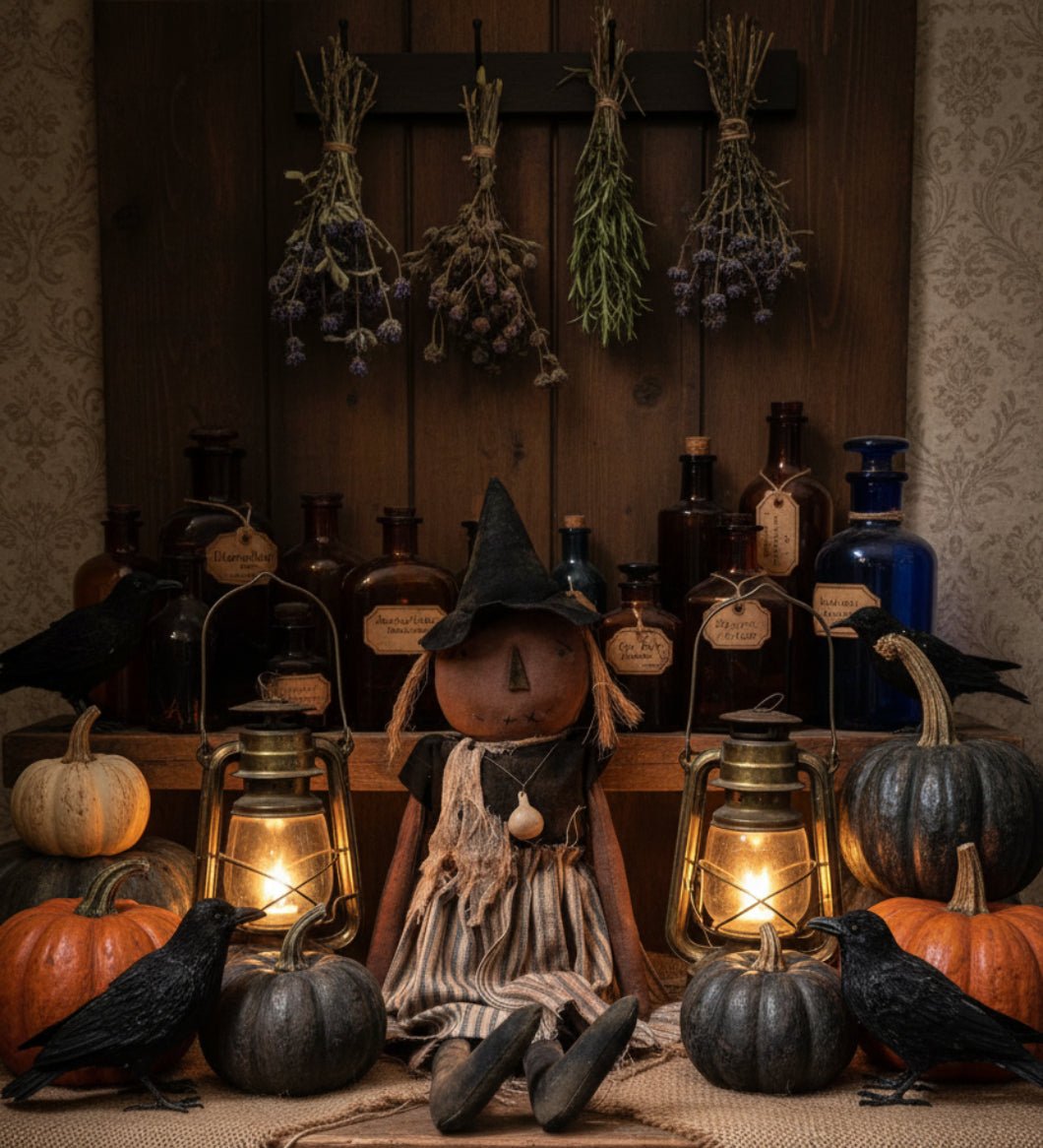 Primitive Handcrafted Halloween 28" Beatrice Witch Doll w/ Gourd - The Primitive Pineapple Collection