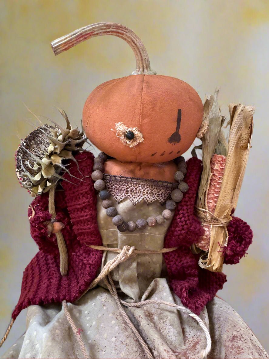 Primitive Handcrafted Pumpkin Doll Becky w/ Gourd 12" - The Primitive Pineapple Collection