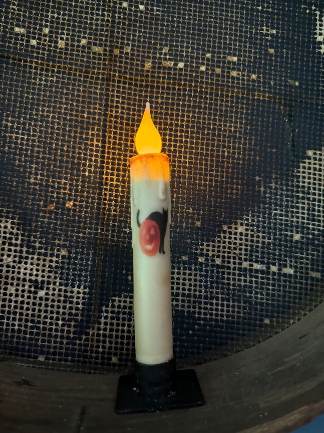 Primitive Handcrafted 7" Pumpkin W/Black Cat Battery Led Timer Taper Candle - The Primitive Pineapple Collection
