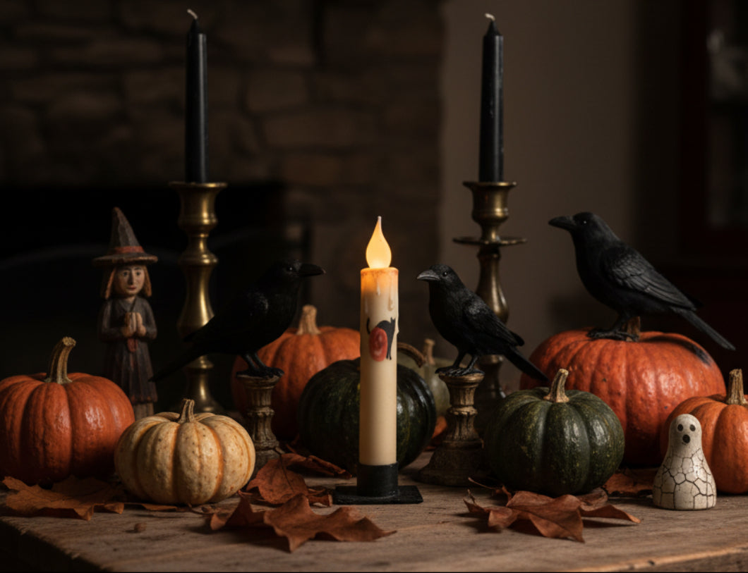 Primitive Handcrafted 7" Pumpkin W/Black Cat Battery Led Timer Taper Candle - The Primitive Pineapple Collection