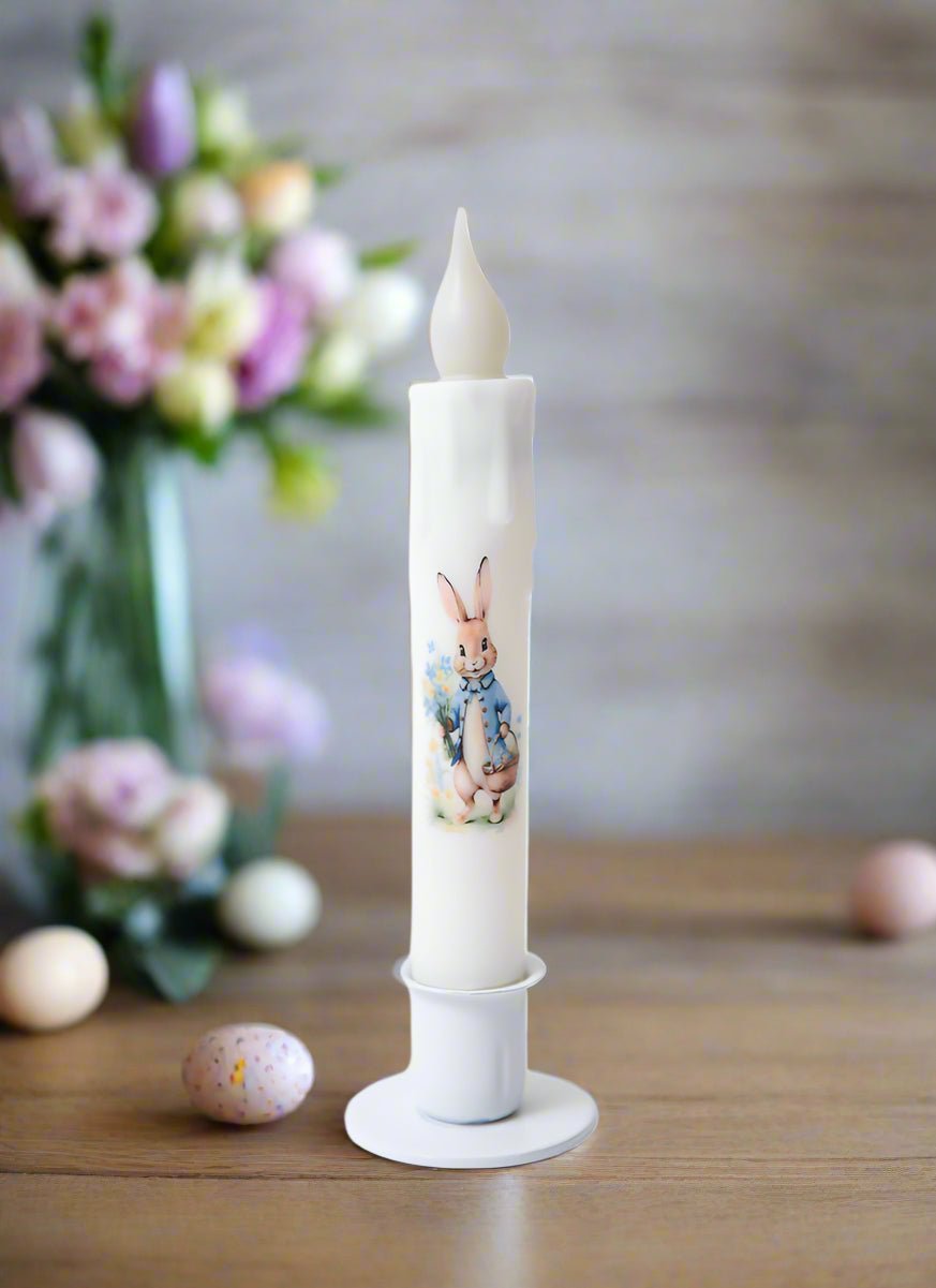 Primitive Handcrafted Spring Summer Bunny & Blue Flowers Led Timer Taper Candle - The Primitive Pineapple Collection