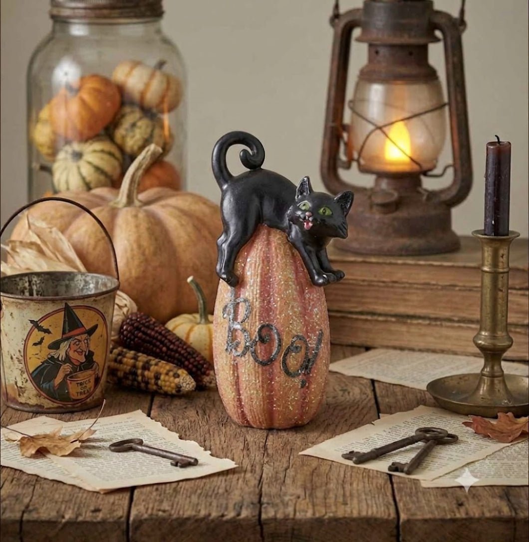 Halloween Black Cat on Glittered Pumpkin Figurine 6.5" – Primitive Folk Art Fall Decor 3 Styles - The Primitive Pineapple Collection