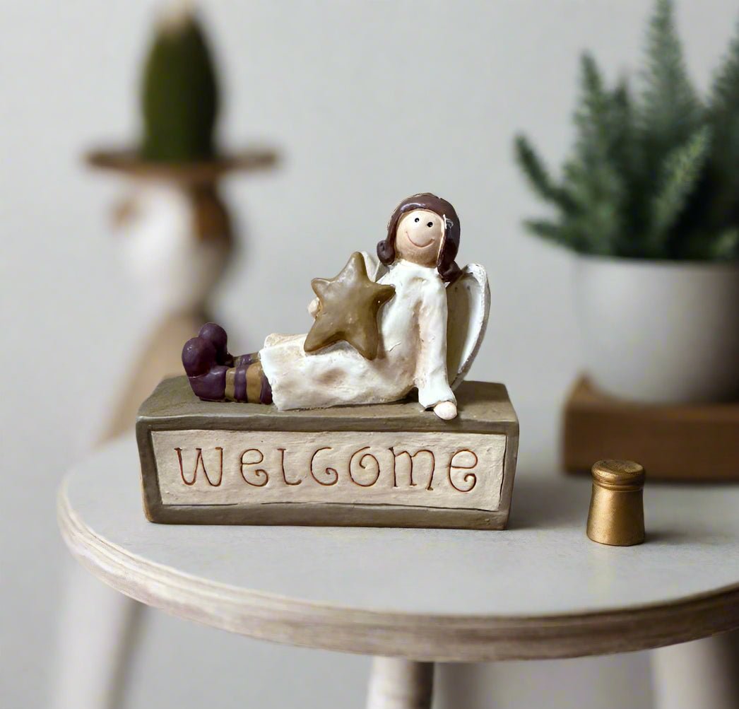 Primitive Welcome Angel Block Figurine Shelf Sitter Clearance - The Primitive Pineapple Collection