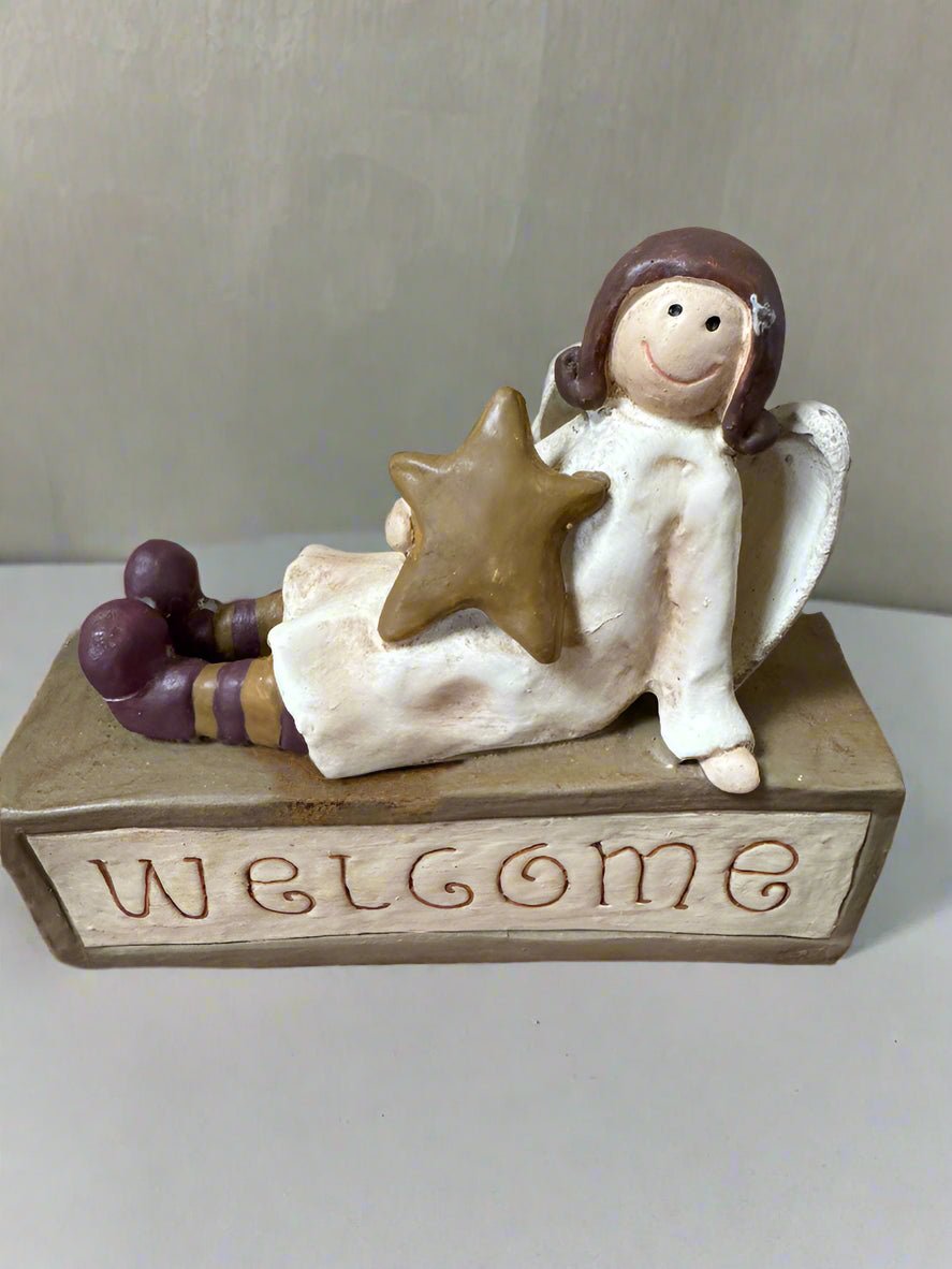 Primitive Welcome Angel Block Figurine Shelf Sitter Clearance - The Primitive Pineapple Collection