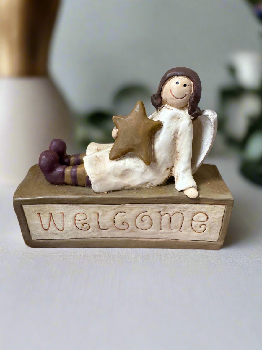 Primitive Welcome Angel Block Figurine Shelf Sitter Clearance - The Primitive Pineapple Collection