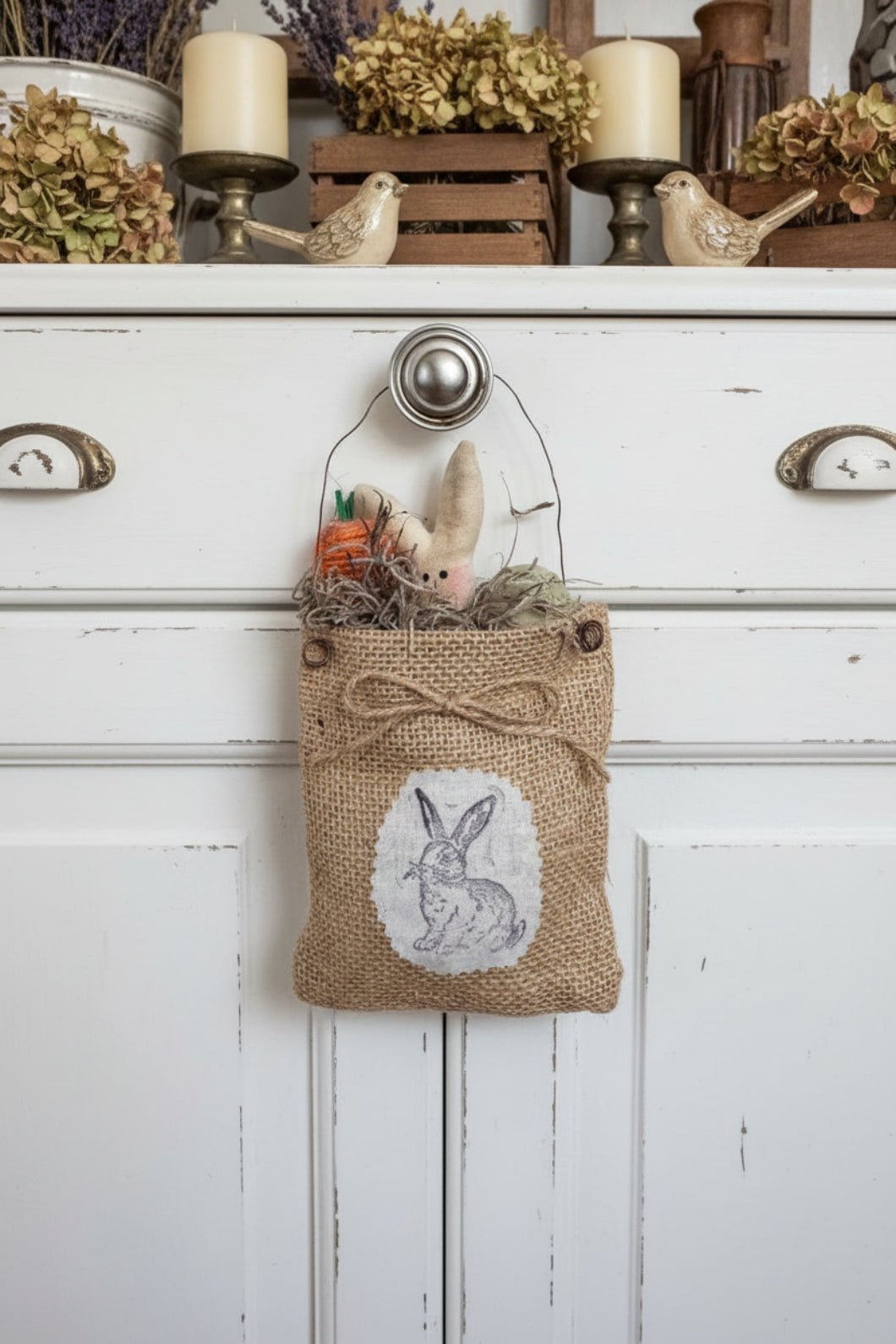 Primitive Handcrafted Spring Fabric Easter Bunny Bag w/ Carrot and Eggs - The Primitive Pineapple Collection