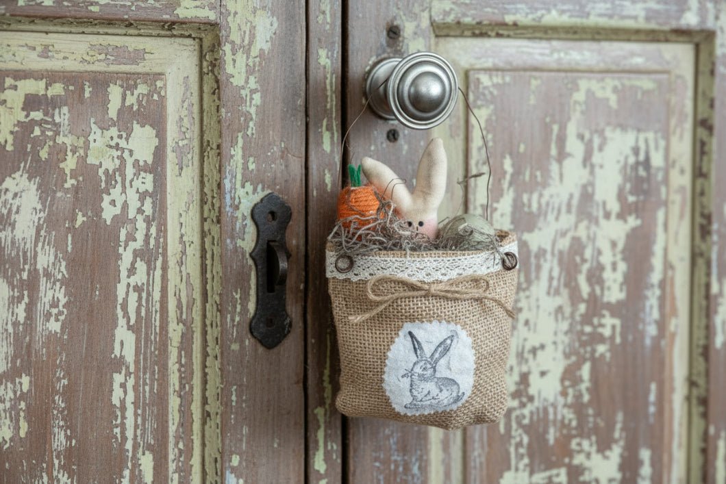 Primitive Handcrafted Spring Fabric Easter Bunny Bag w/ Carrot and Eggs - The Primitive Pineapple Collection