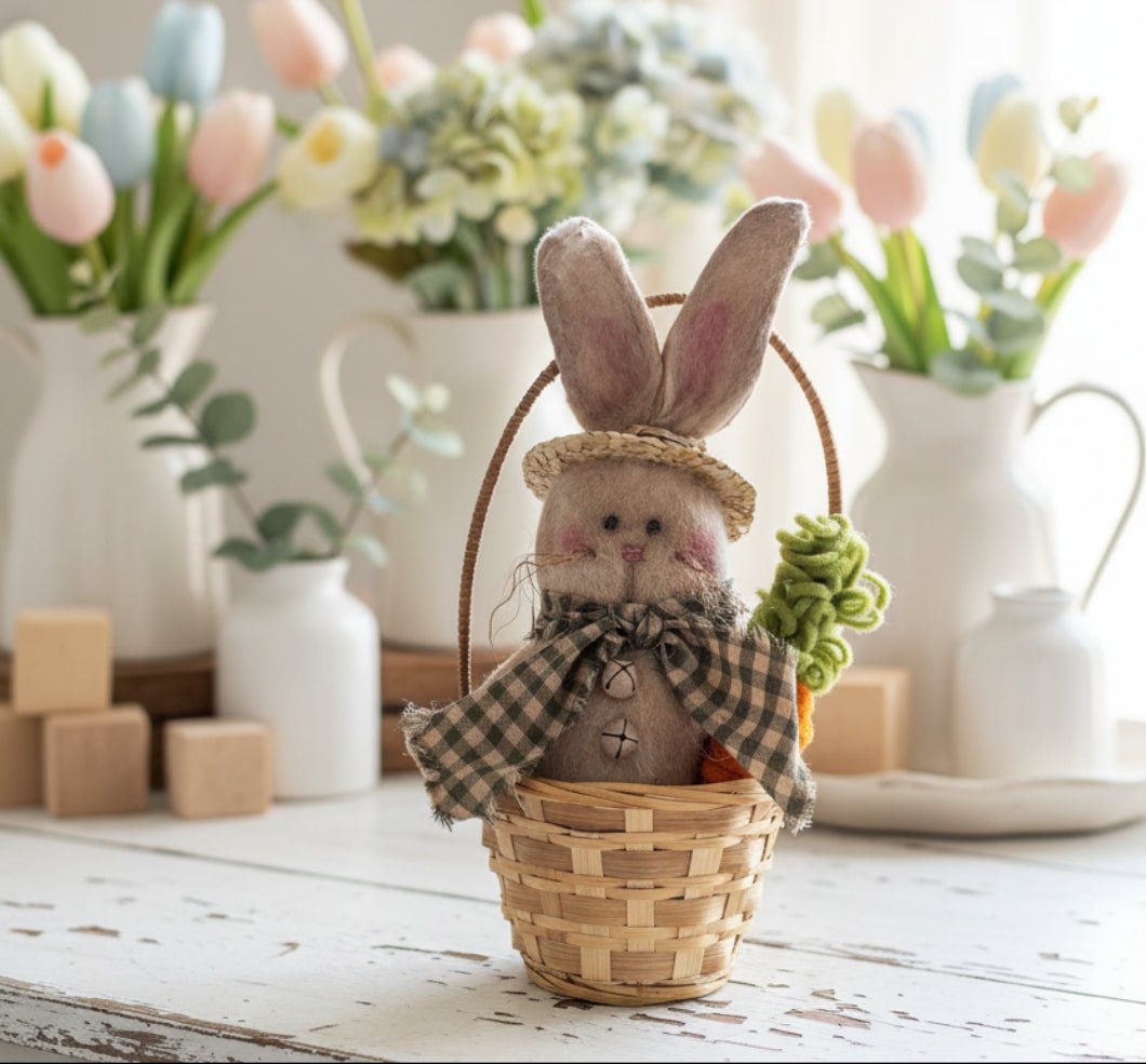 Primitive Spring Handcrafted USA Easter Bunny in Basket - The Primitive Pineapple Collection