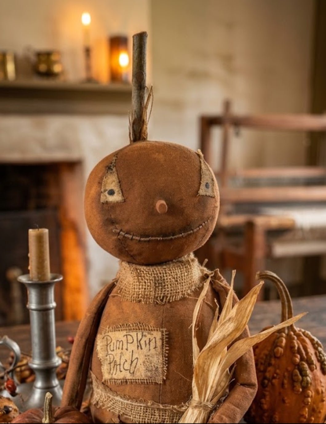 Primitive Handcrafted Halloween Buster Pumpkin Man Doll on Stand 25" | Folk Art - The Primitive Pineapple Collection