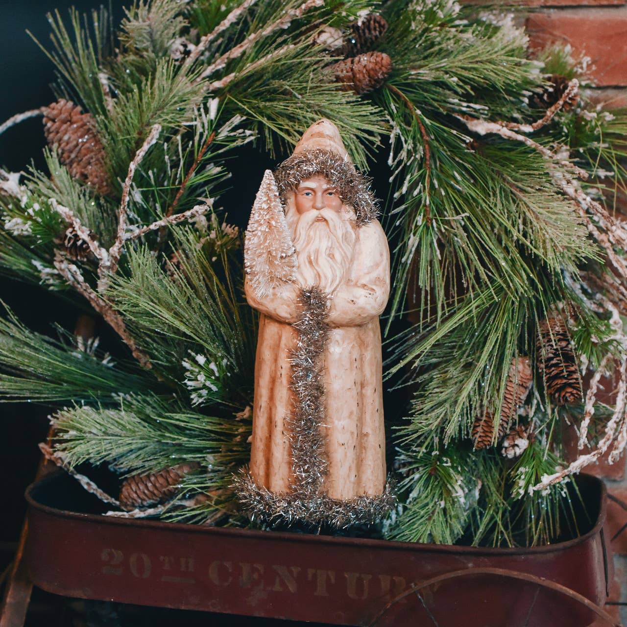 Ragon House Christmas 14" Vintage White Belsnickle with Bottle Brush Tree - The Primitive Pineapple Collection