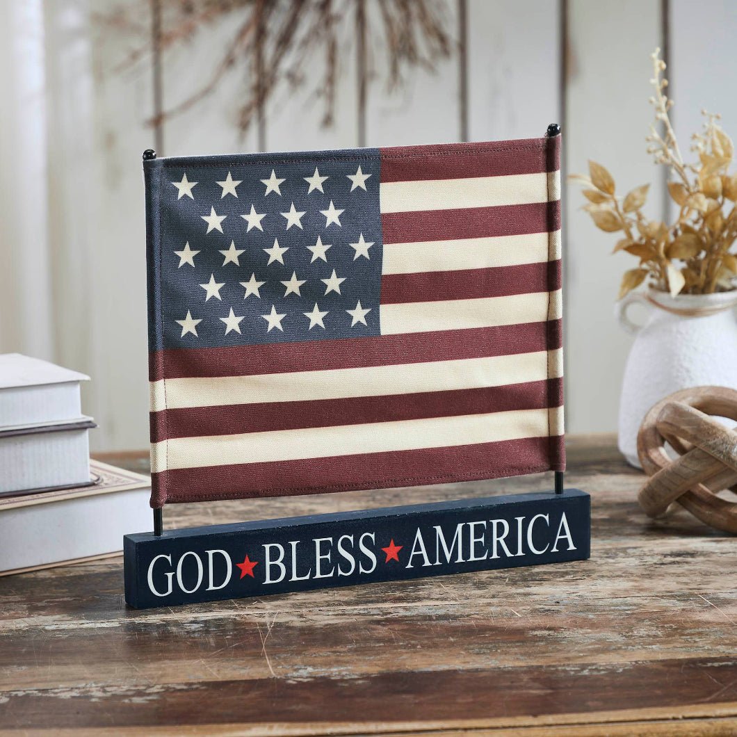 Primitive Americana Canvas American Flag on Blue Base Decor 12"x14"x1" - The Primitive Pineapple Collection