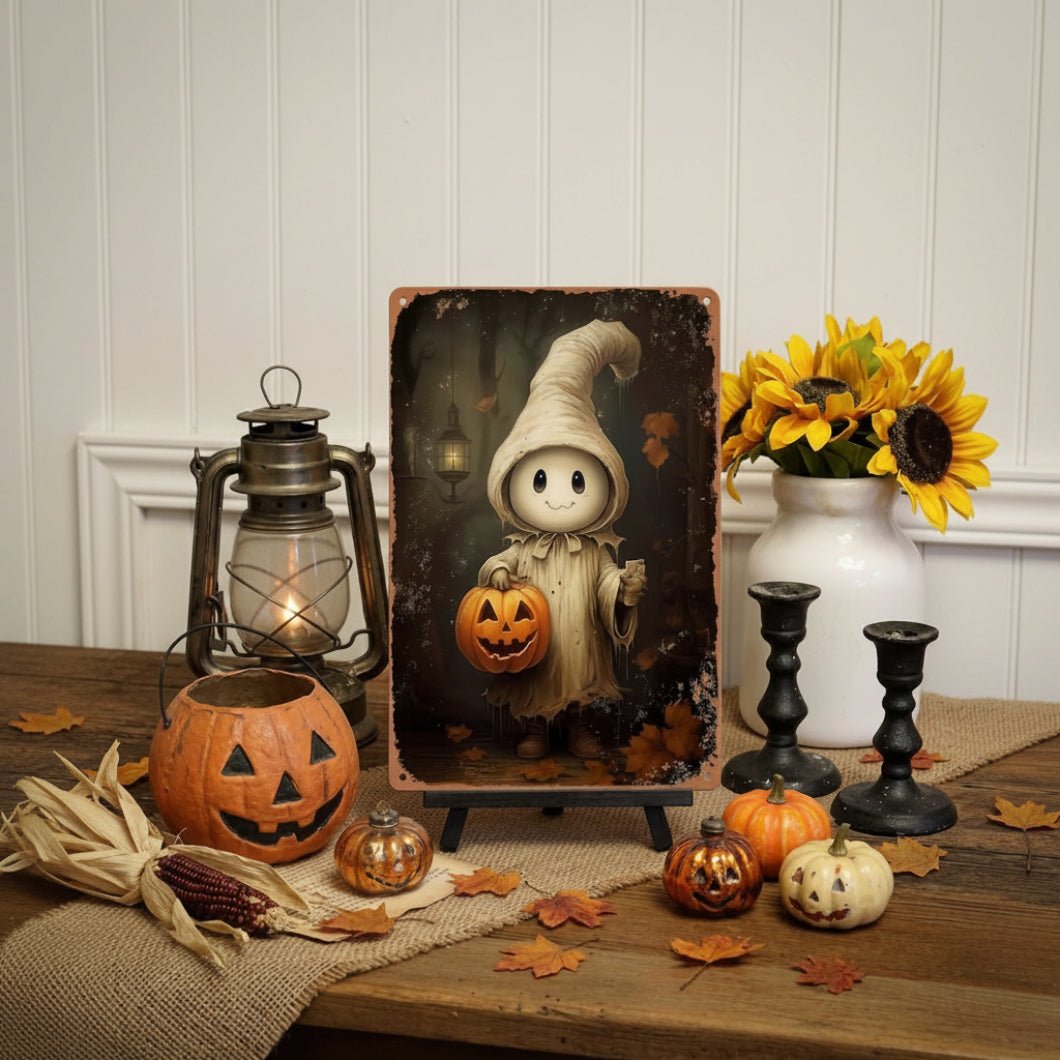 Primitive Halloween Cute Ghost with Pumpkin 12x8 Metal Sign - The Primitive Pineapple Collection