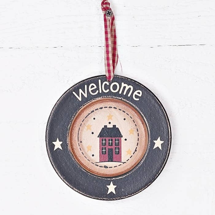 Primitive Christmas 6" Wood Welcome Saltbox House Wood Plate Ornament - The Primitive Pineapple Collection