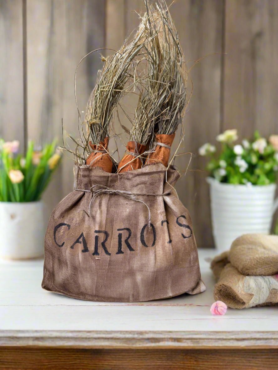 Primitive Handcrafted Spring Easter Large Burlap Carrot Bag - The Primitive Pineapple Collection