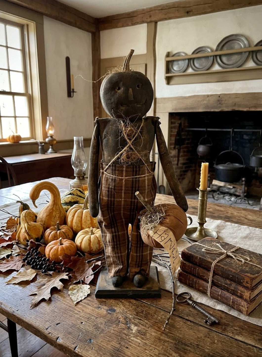 Primitive Handcrafted Halloween Casper Pumpkin Man Doll on Stand 20" | Folk Art