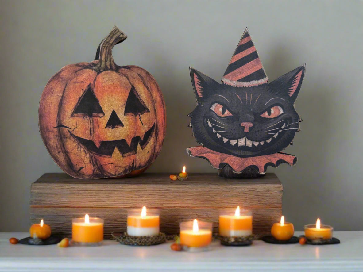 Primitive Handcrafted Halloween Chunky Wood Grinning Black Cat 5" Shelf Sitter