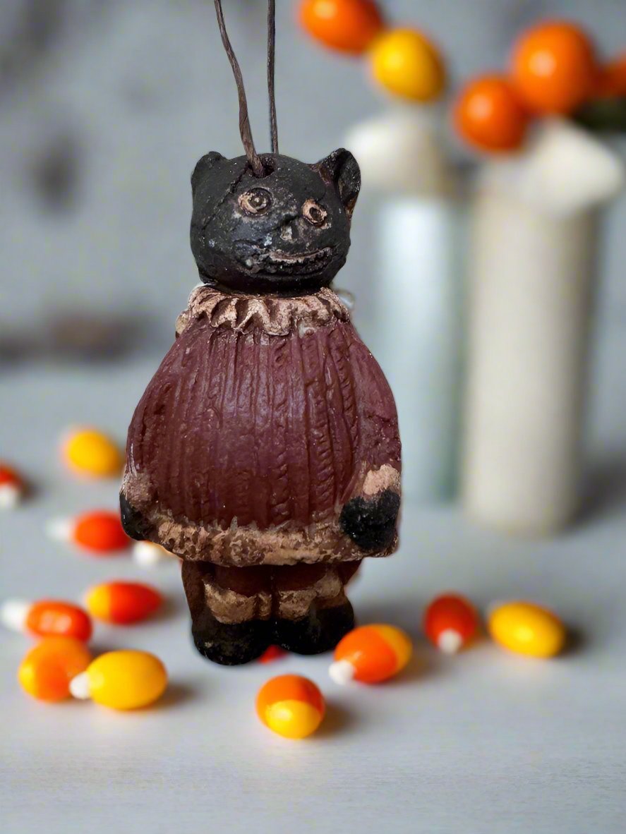 Primitive Halloween Fall Handcrafted USA Black Cat Ornament 3" - The Primitive Pineapple Collection
