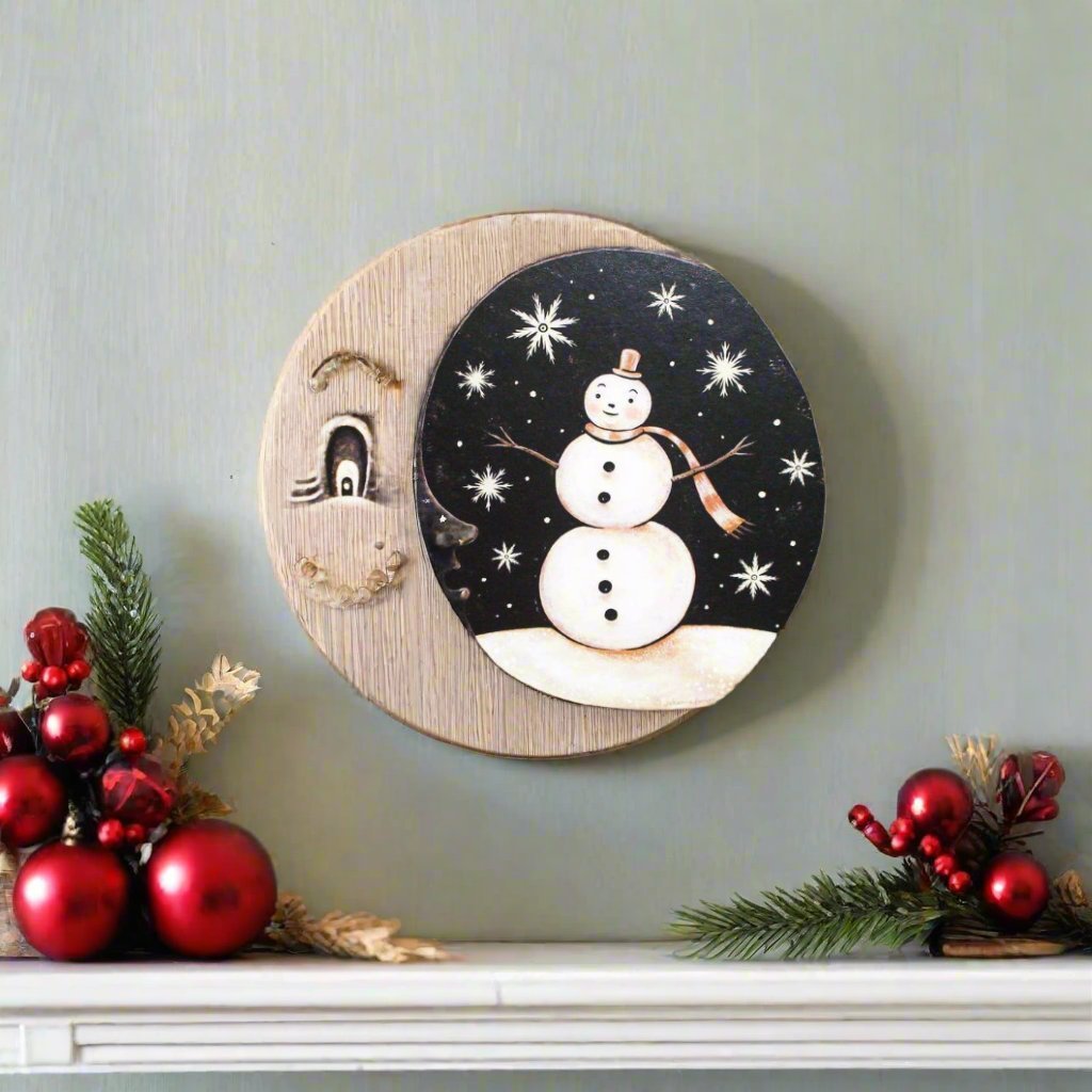 Handcrafted Christmas Retro Johanna Parker Christmas Moon with Snowman 11" Wood Cutout - The Primitive Pineapple Collection