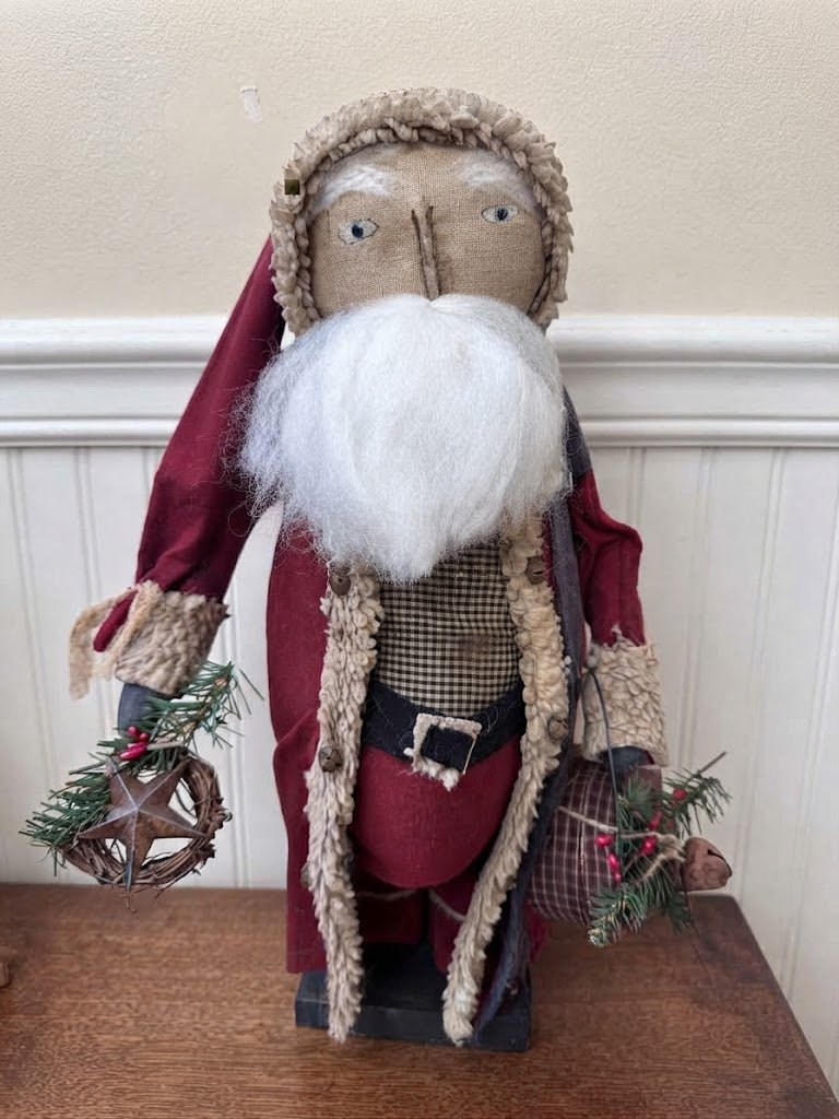 Mr. Claus with Wreath & Pantry Box 21" Handcrafted Folk Art Doll - The Primitive Pineapple Collection