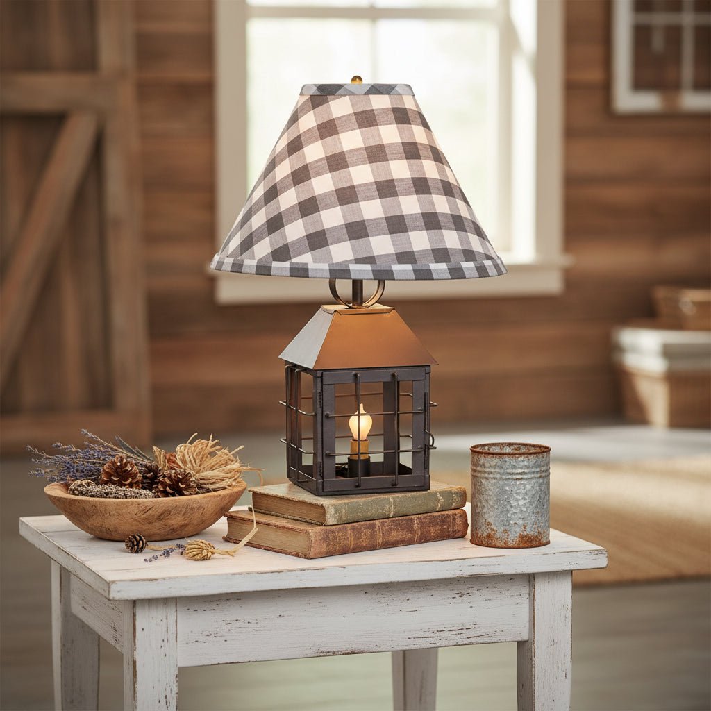 Primitive Country Tin Colonial Lantern Lamp w/ Gray Check Shade - The Primitive Pineapple Collection