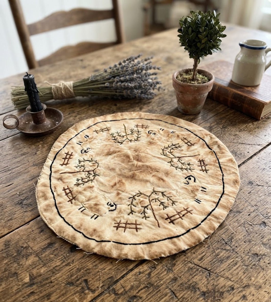 Primitive Handmade USA 8" Sheep and Willow Tree Candle Mat - The Primitive Pineapple Collection