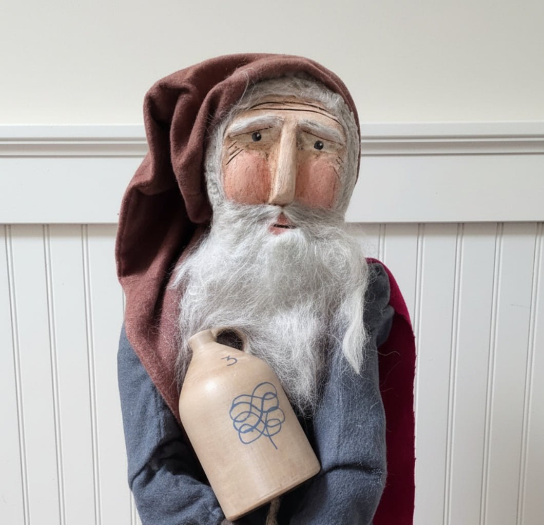 Handcrafted by Michelle Early American Blue Suit Santa w/Crock Clay Face Doll Stand 19" - The Primitive Pineapple Collection