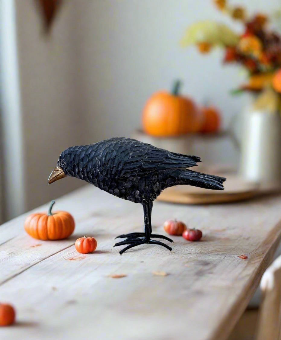 Primitive Halloween Fall Black Crow with Gold Beak and Metal Feet Figurine - The Primitive Pineapple Collection