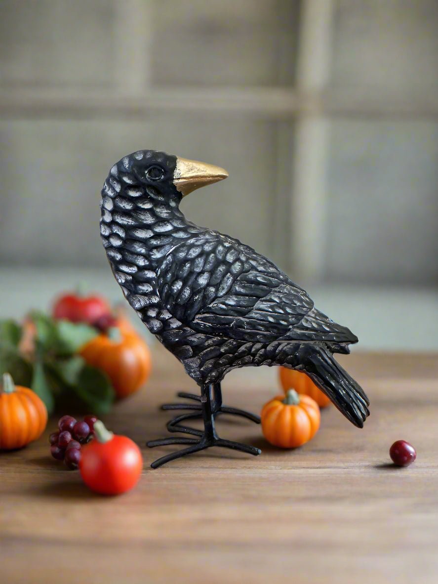 Primitive Halloween Fall Black Crow with Gold Beak and Metal Feet Figurine - The Primitive Pineapple Collection