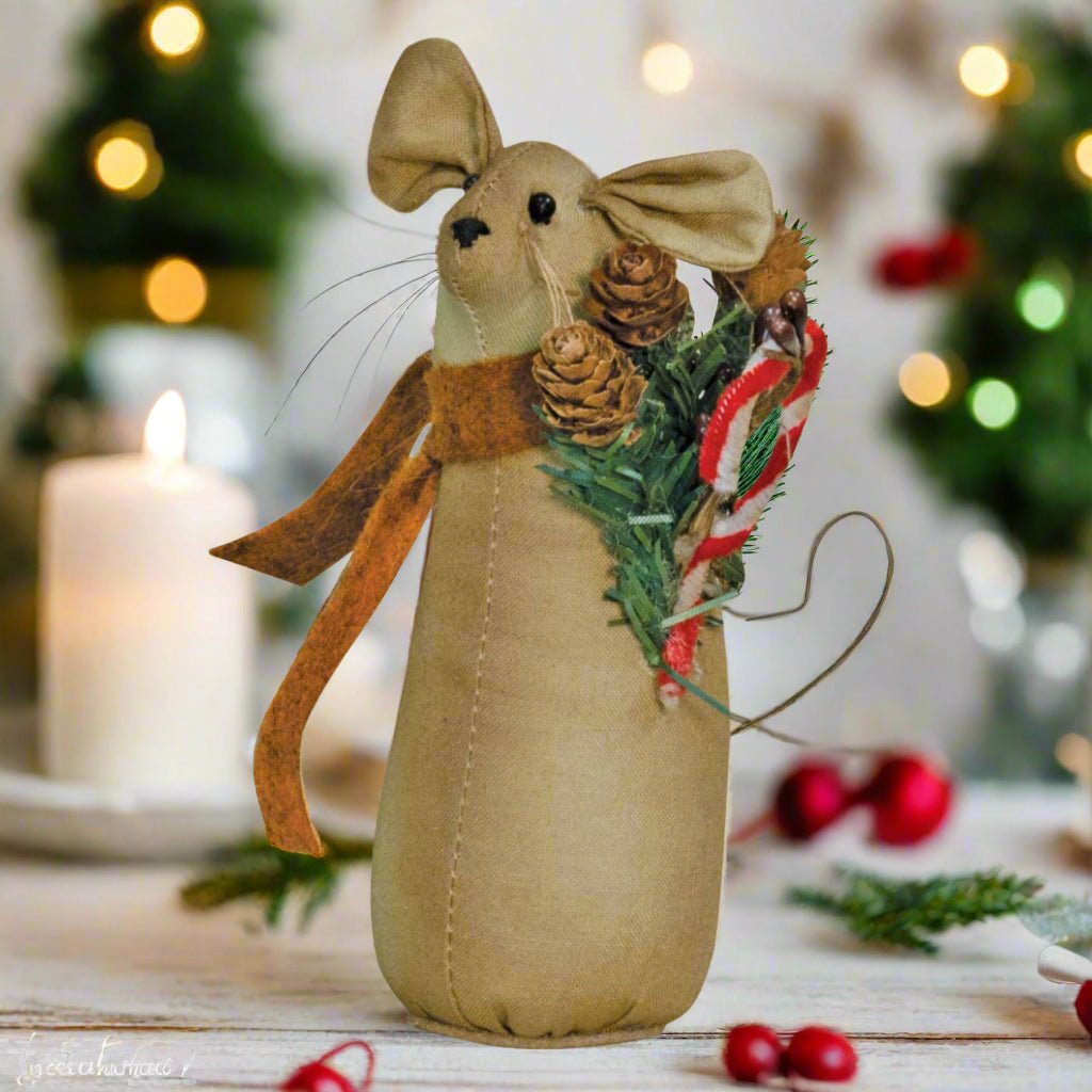 Primitive Christmas Mouse Doll w/ Candy Cane Shelf Sitter - The Primitive Pineapple Collection