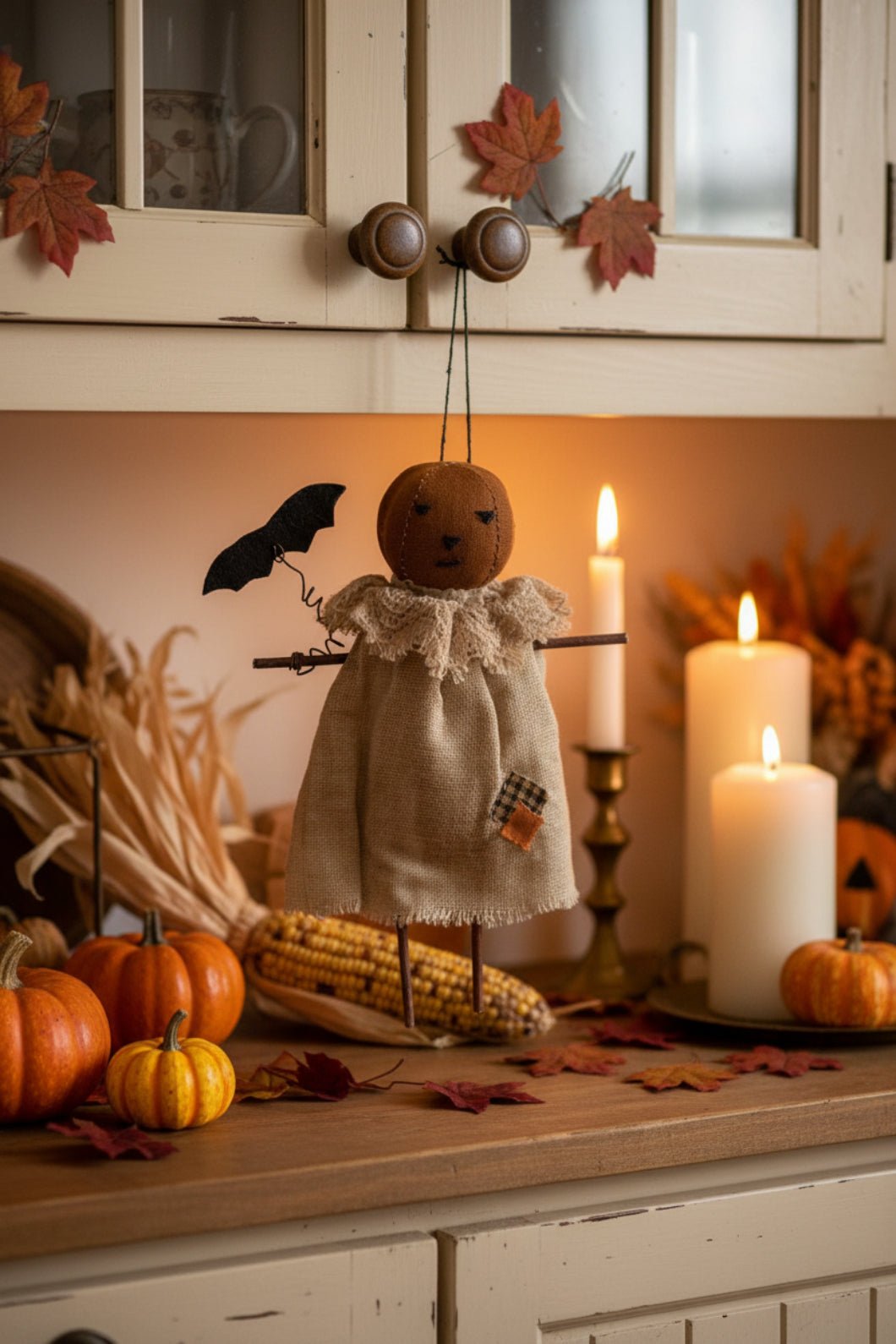 Primitive Halloween Patches Pumpkin Girl w/ Bat Ornament 6.5" Hanging - The Primitive Pineapple Collection