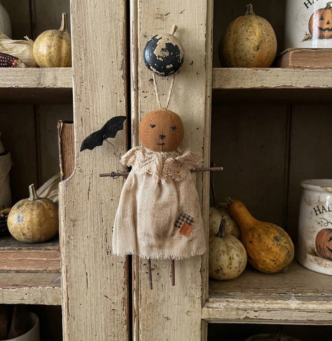 Primitive Halloween Patches Pumpkin Girl w/ Bat Ornament 6.5" Hanging - The Primitive Pineapple Collection