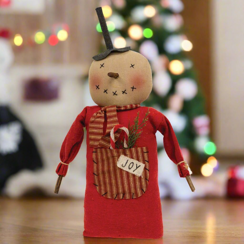 Primitive Christmas 14.5” Joy Pocket Stump Snowman w/ Candy Cane Doll - The Primitive Pineapple Collection