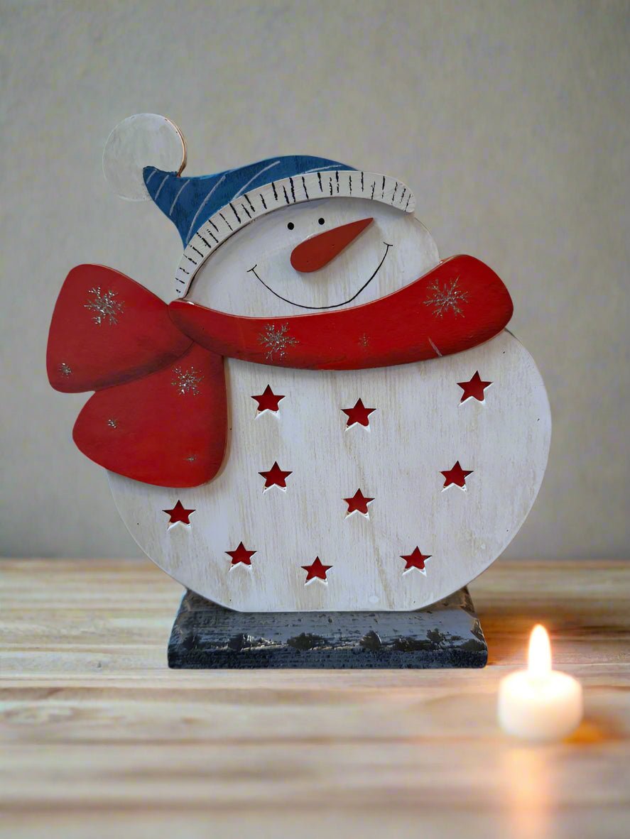 Primitive Christmas 10” Wood Snowman on Stand - The Primitive Pineapple Collection
