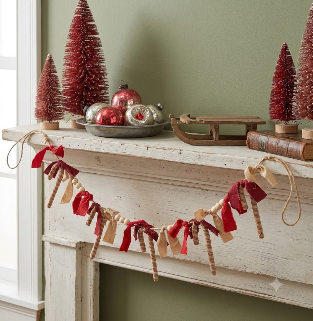 Primitive Christmas Candy Cane Rag & Bead Garland 36" - The Primitive Pineapple Collection