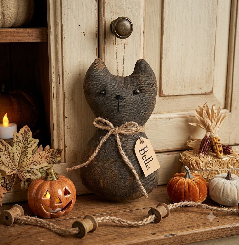 Primitive Fall Halloween Bella Black Cat Ornament - The Primitive Pineapple Collection
