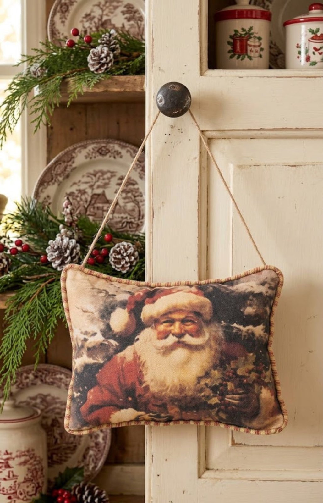 Vintage Look Christmas Olde Thyme Santa in the Forest Hanging Pillow - The Primitive Pineapple Collection
