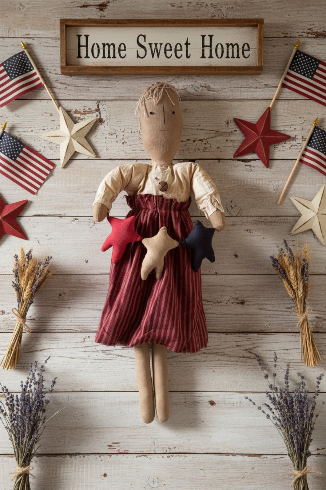 Primitive Handcrafted Patriotic Americana Annie Doll w/ Stars 24"