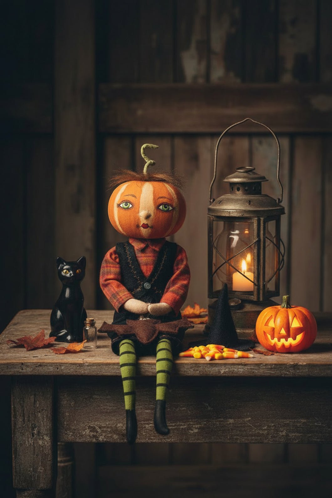 Halloween Folk Art Joe Spencer Nevin Pumpkin Bow w/ Bat Doll 13" - The Primitive Pineapple Collection