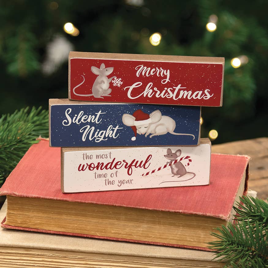 Primitive Christmas 3 pc Silent Night Mouse Skinny Block Shelf Sitter - The Primitive Pineapple Collection