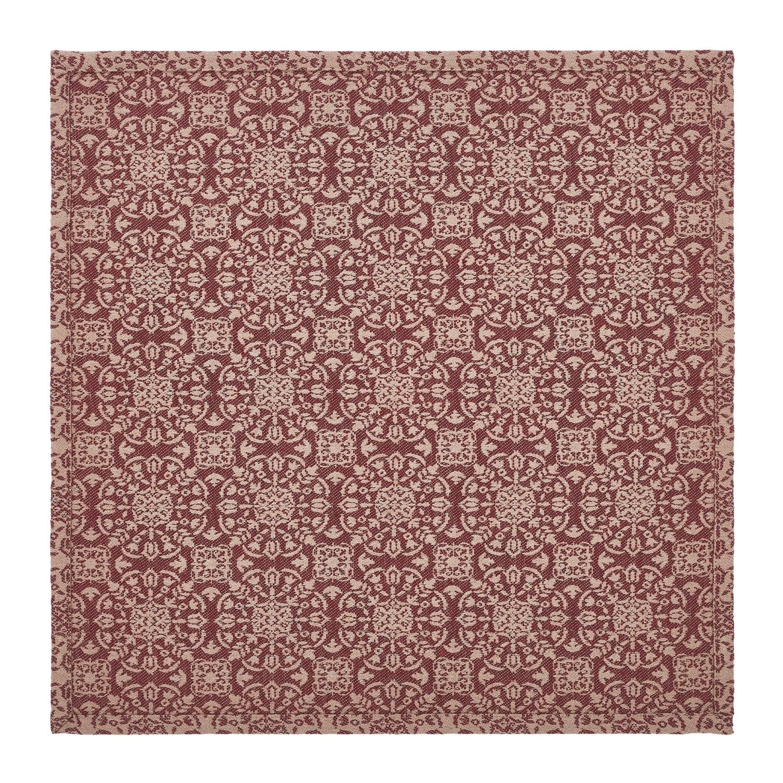 Farmhouse Burgundy Tan Jacquard Table Topper 20x20 - The Primitive Pineapple Collection